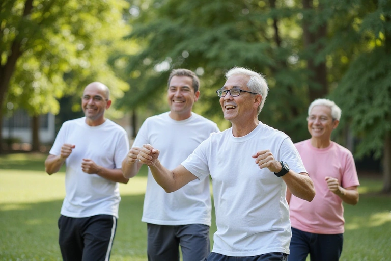 A group of active, healthy Malaysian men over 50 engaging in light exercise in a park, smiling and enjoying the outdoors, representing vitality and well-being.