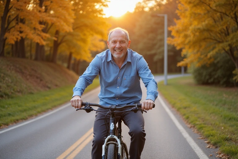 Elderly man cycling outdoors, enjoying cardio