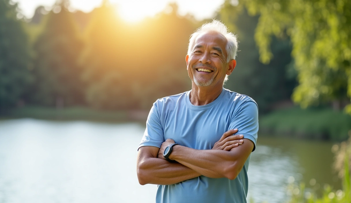 Active Malaysian man over 50 stretching in a park with a radiant smile, symbolizing vitality and balance.