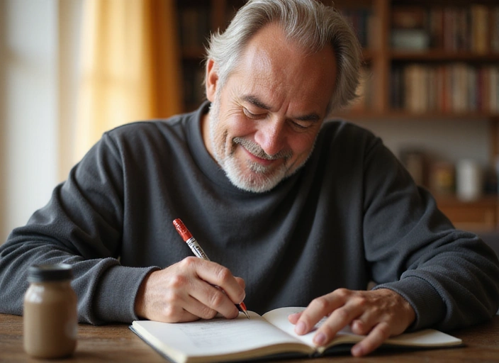 Man writing in a gratitude journal with a smile