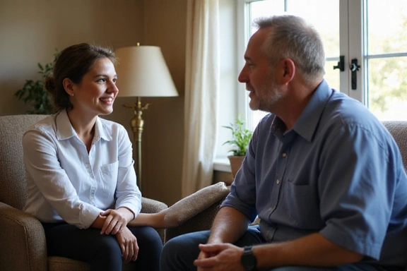 Therapist speaking with a client in a supportive setting